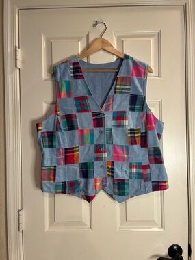 Patchwork Plaid Cotton Vest in Light Blue